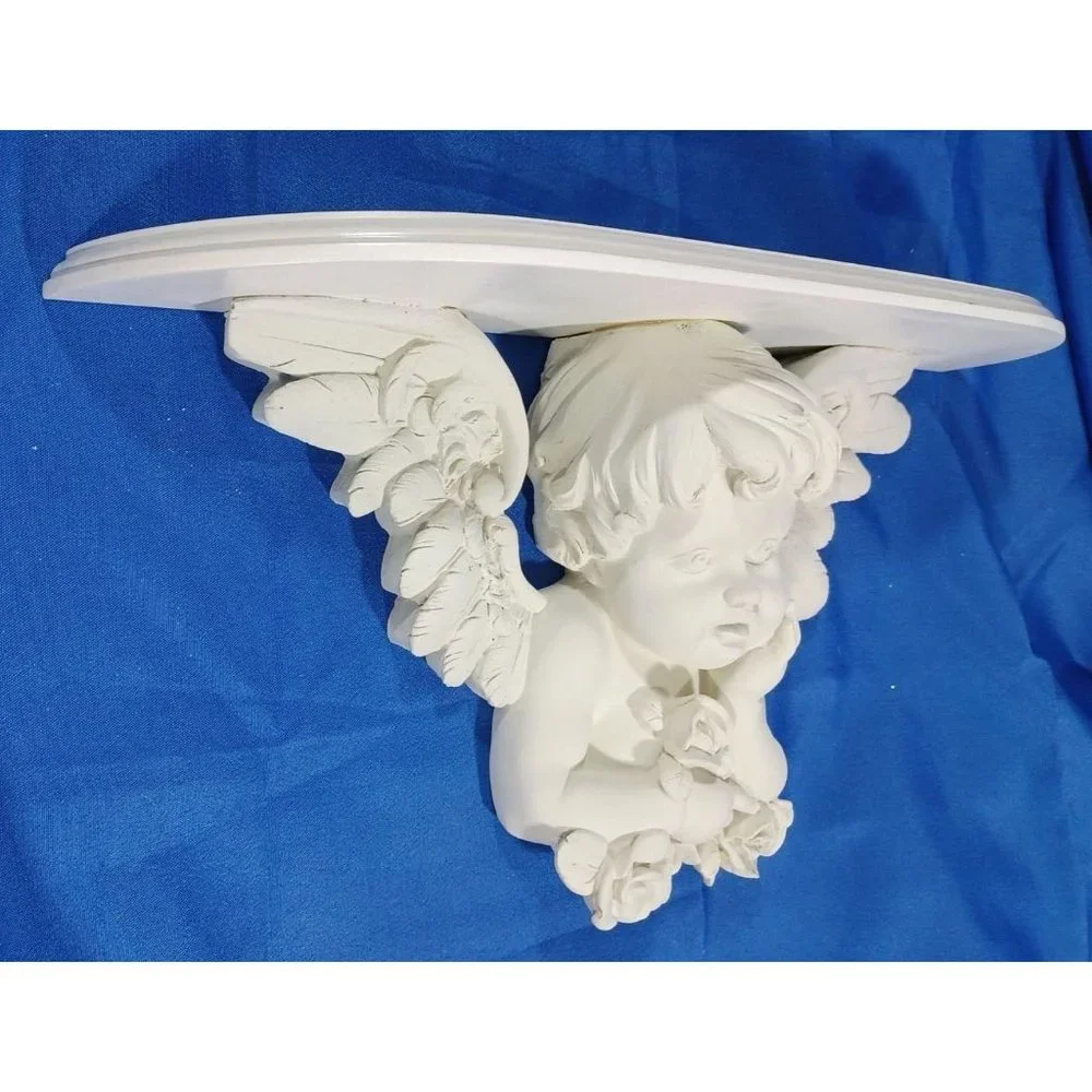 NEW Vtg PLASTER  WISTFUL ANGEL CHERUB WALL SHELF Sculpture Victorian Wal… - Picture 2 of 8